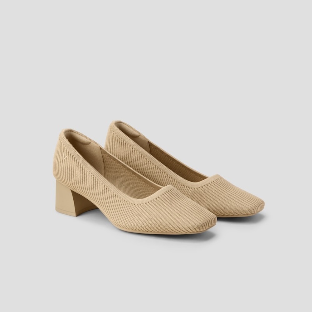 Comfort Knit Block Heel Pumps in Beige